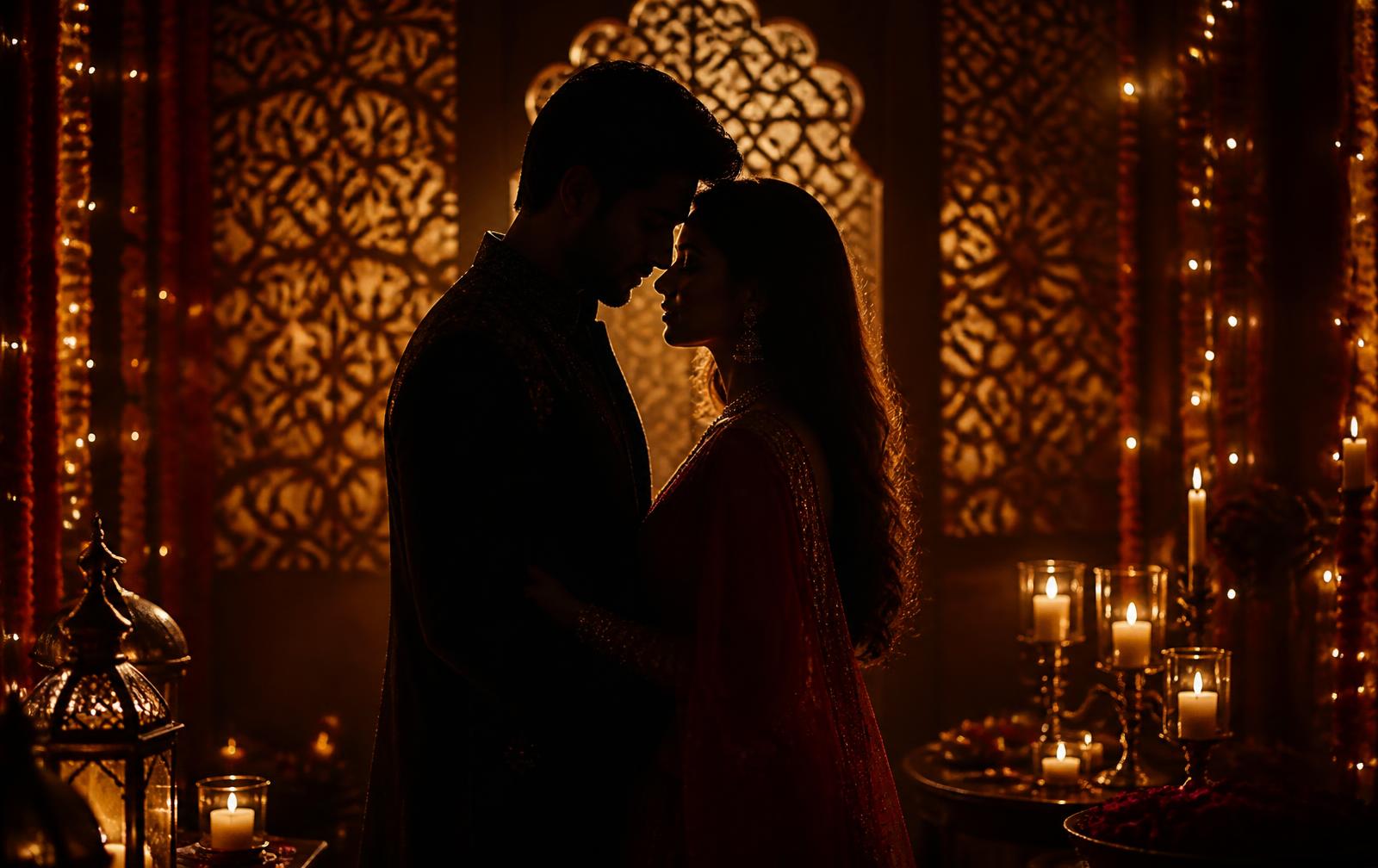 A couple sharing a candlelit evening surrounded by marigold lights